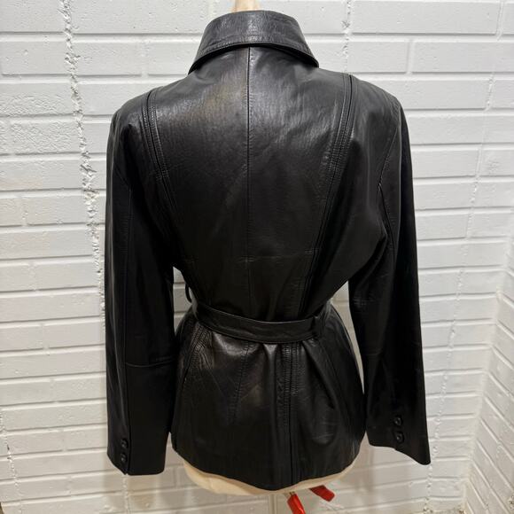 Vintage Jones New York Leather Jacket Black Belted Womens Lrg Classic Retro - Picture 3 of 13